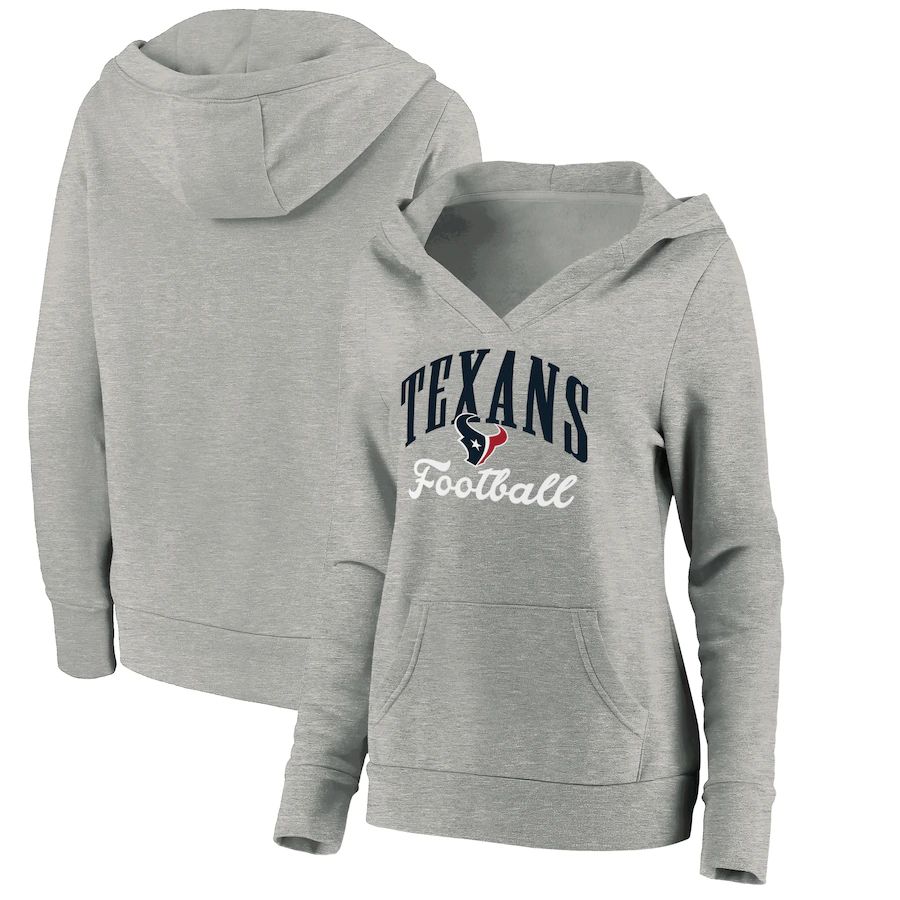 Women Houston Texans Fanatics Branded Heathered Gray Victory Script V-Neck Pullover Hoodie